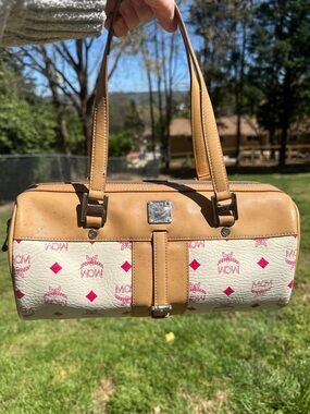 MCM Pink & White Logo-Print Shoulder Bag with Pink Accents with COA